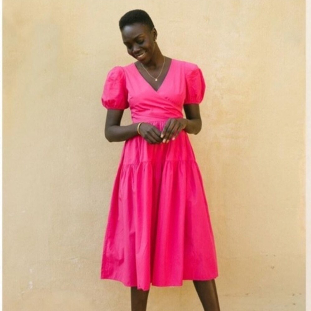 Soludos Palermo Dress Raspberry Pink Cotton Puff‎ Sleeve Cutout Tie Back Midi M